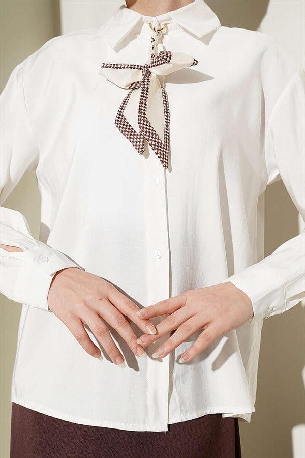 Scarf Detailed Basic Modal Shirt, Ecru
