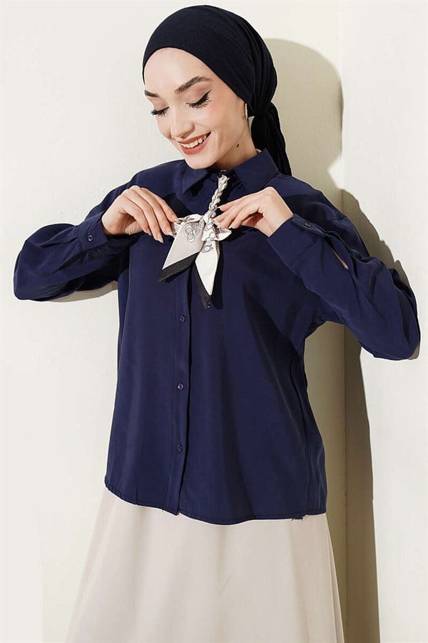 Navy Blue Basic Modal Shirt with Scarf Detail