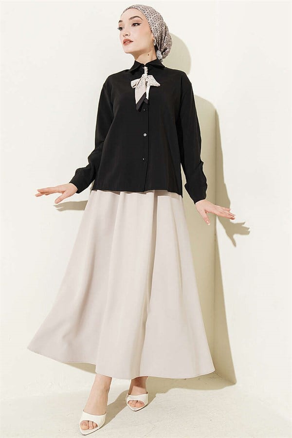 Scarf Detail Basic Modal Shirt Black