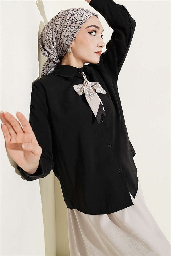 Scarf Detail Basic Modal Shirt Black