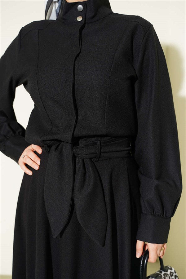 Two-Piece Jacket Set with Scarf Detail, Black