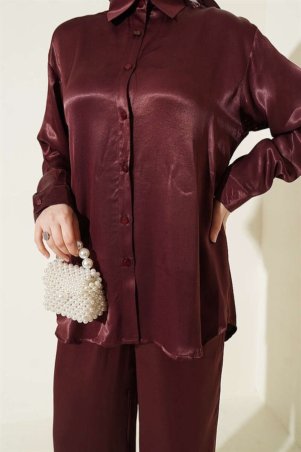 Satin 2 Piece Set with Scarf Detail, Burgundy