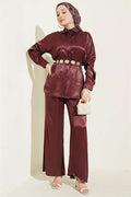Satin 2 Piece Set with Scarf Detail, Burgundy