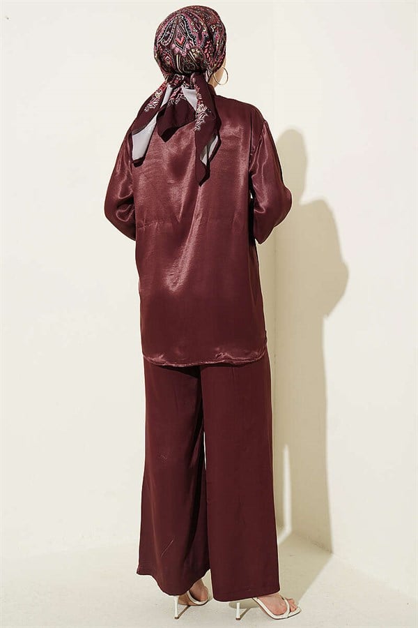 Satin 2 Piece Set with Scarf Detail, Burgundy