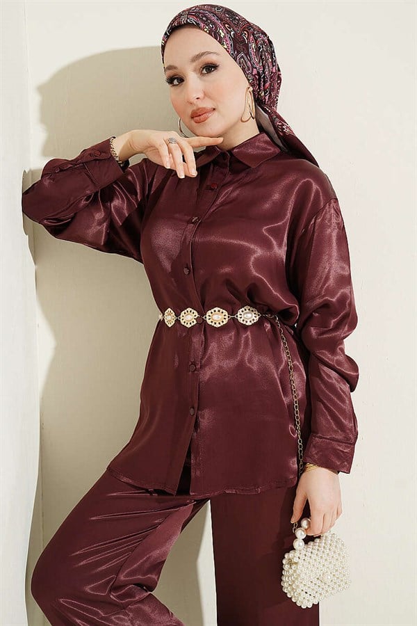 Satin 2 Piece Set with Scarf Detail, Burgundy
