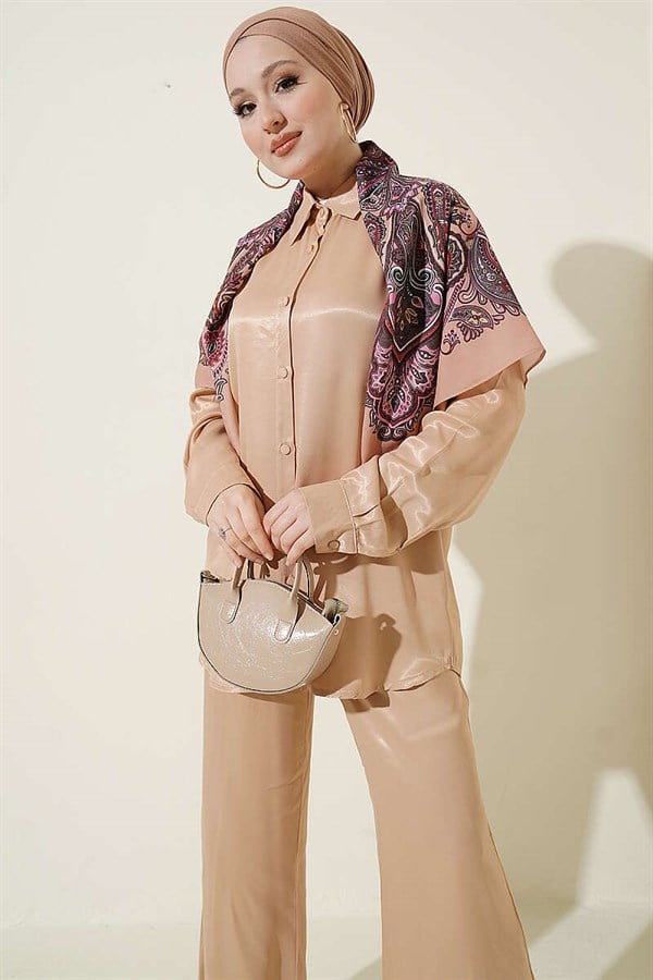 Satin 2 Piece Set with Scarf Detail, Camel