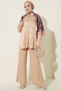 Satin 2 Piece Set with Scarf Detail, Camel