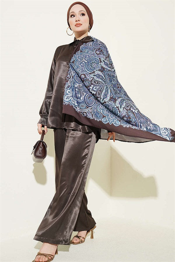 Satin 2 Piece Set with Scarf Detail, Coffee