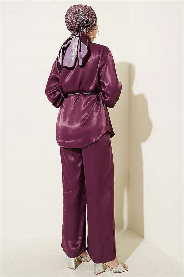 Satin 2 Piece Set with Scarf Detail, Plum