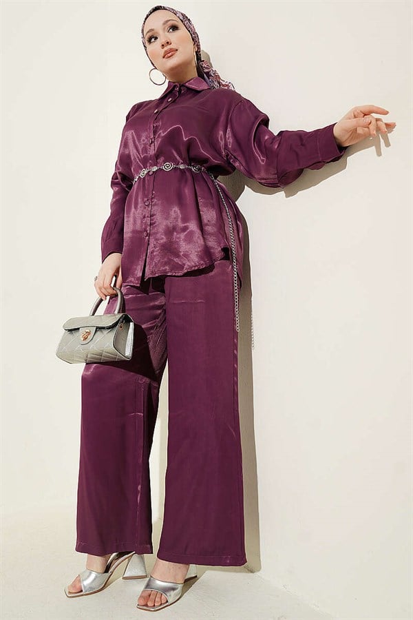 Satin 2 Piece Set with Scarf Detail, Plum