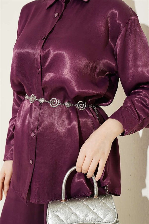 Satin 2 Piece Set with Scarf Detail, Plum