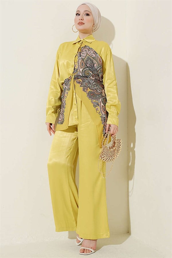 Satin 2 Piece Set with Scarf Detail, Olive Green