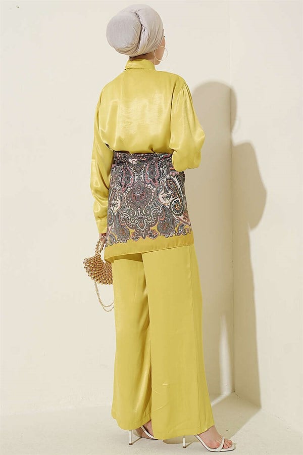 Satin 2 Piece Set with Scarf Detail, Olive Green