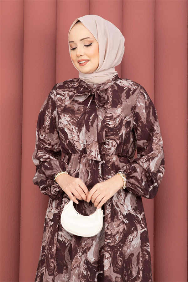 Scarf Collar Patterned Hijab Dress in Brown