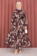 Scarf Collar Patterned Hijab Dress in Brown