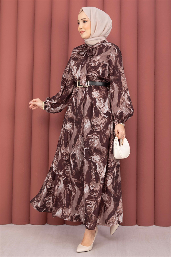 Scarf Collar Patterned Hijab Dress in Brown