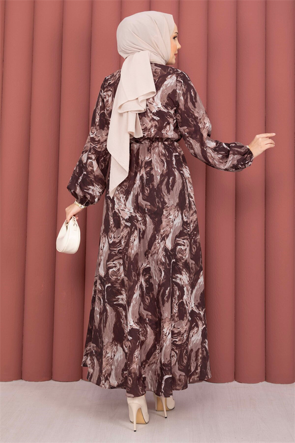 Scarf Collar Patterned Hijab Dress in Brown