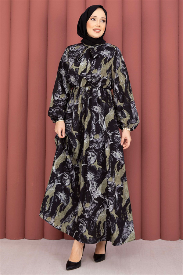 Scarf Collar Patterned Hijab Dress Black