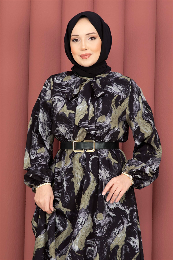 Scarf Collar Patterned Hijab Dress Black