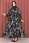 Scarf Collar Patterned Hijab Dress Black