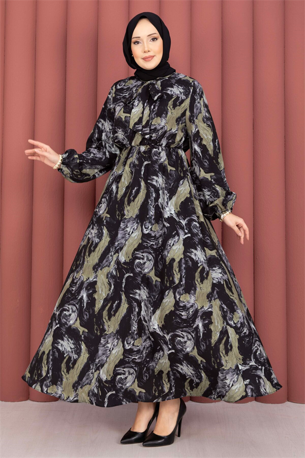 Scarf Collar Patterned Hijab Dress Black