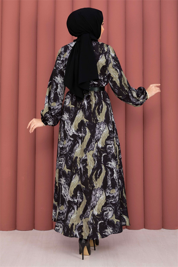 Scarf Collar Patterned Hijab Dress Black