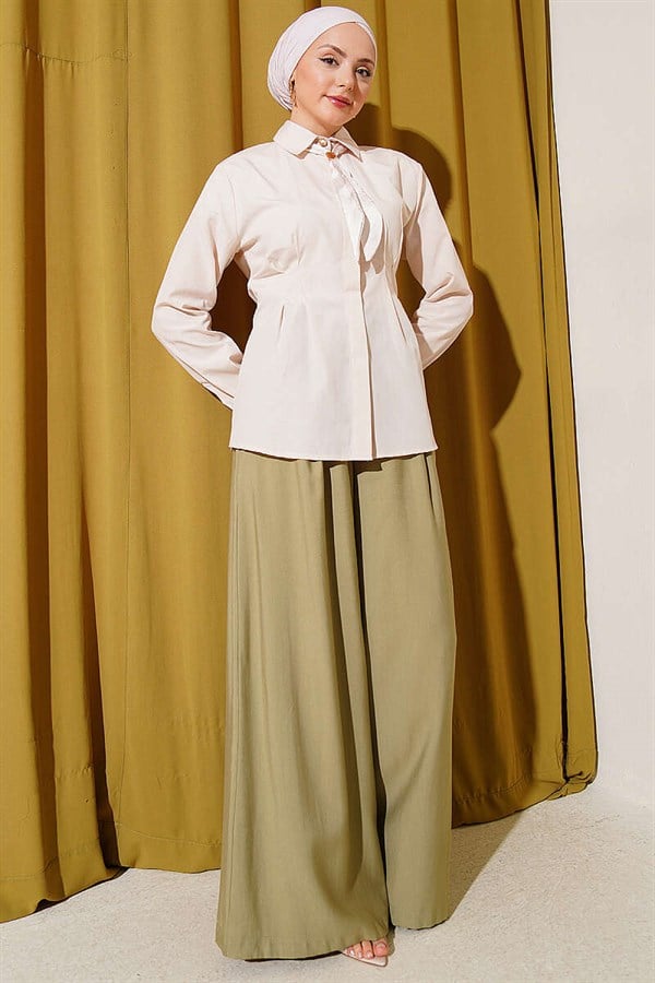 Scarf Waist Dart Shirt Beige