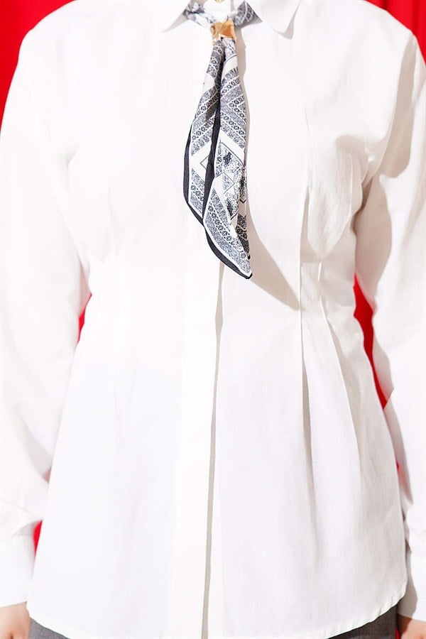 White Shirt with Scarf and Waist Darts
