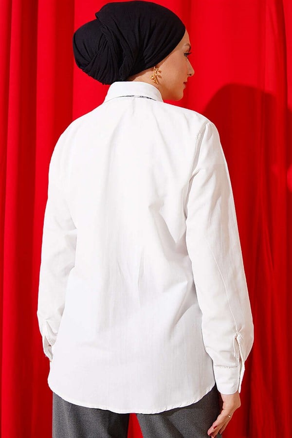 White Shirt with Scarf and Waist Darts