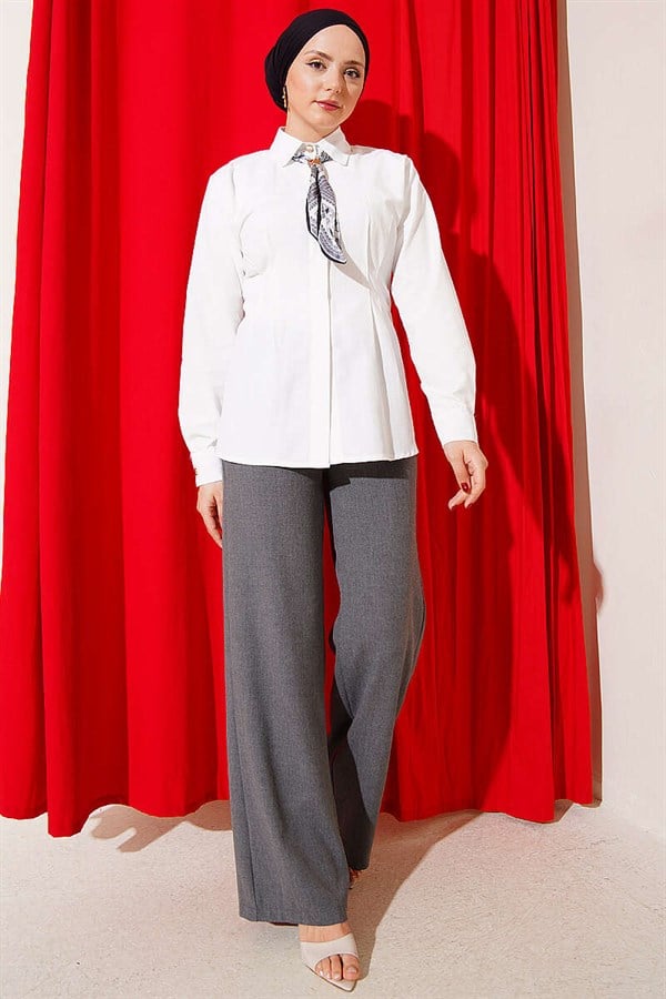White Shirt with Scarf and Waist Darts