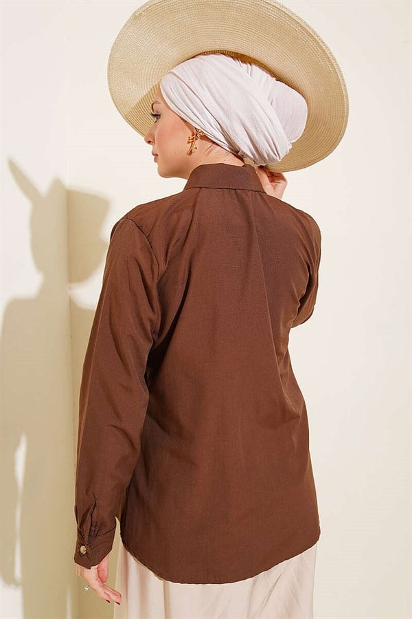 Shirt with Scarf and Waist Darts, Brown