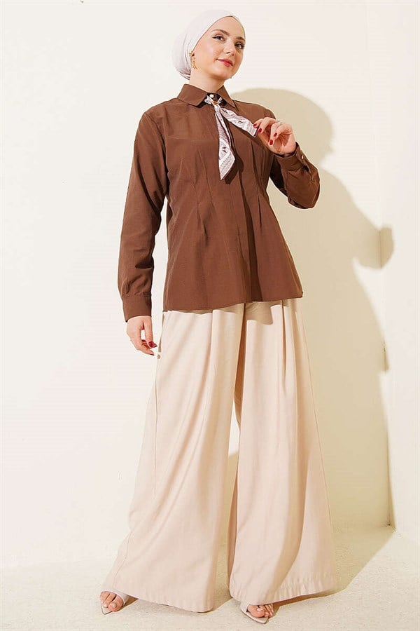 Shirt with Scarf and Waist Darts, Brown
