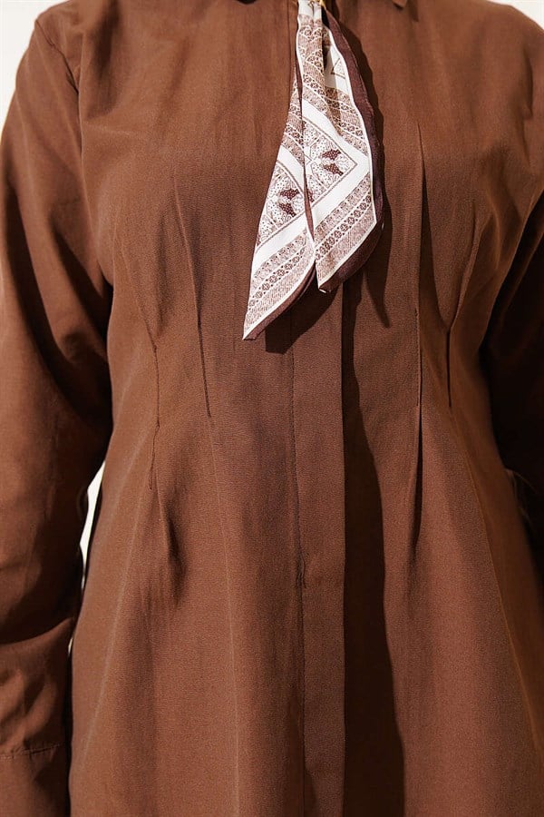 Shirt with Scarf and Waist Darts, Brown