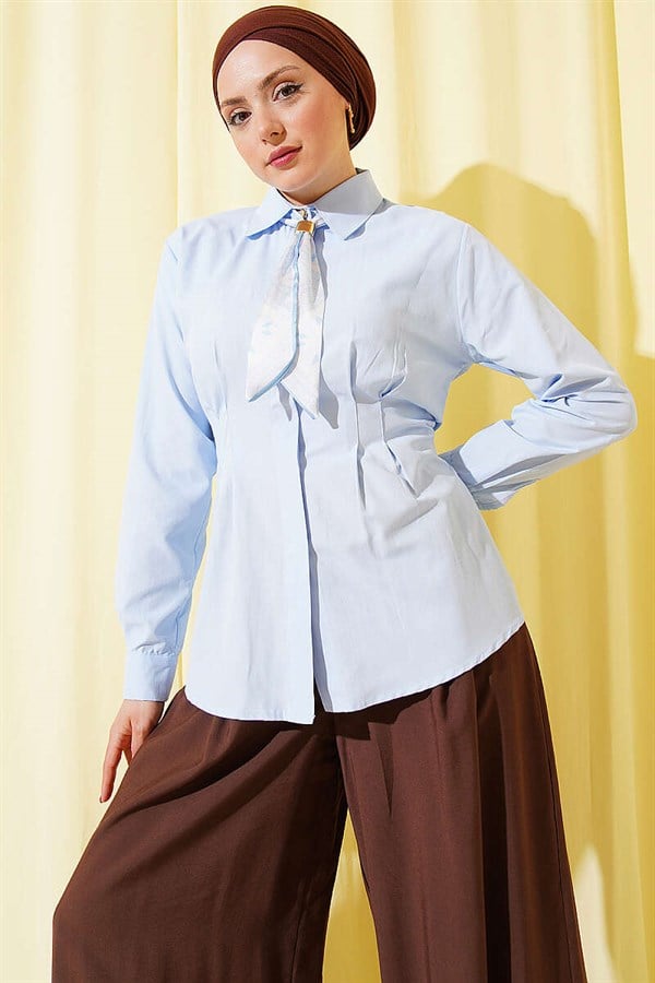 Shirt with Scarf and Waist Darts, Blue