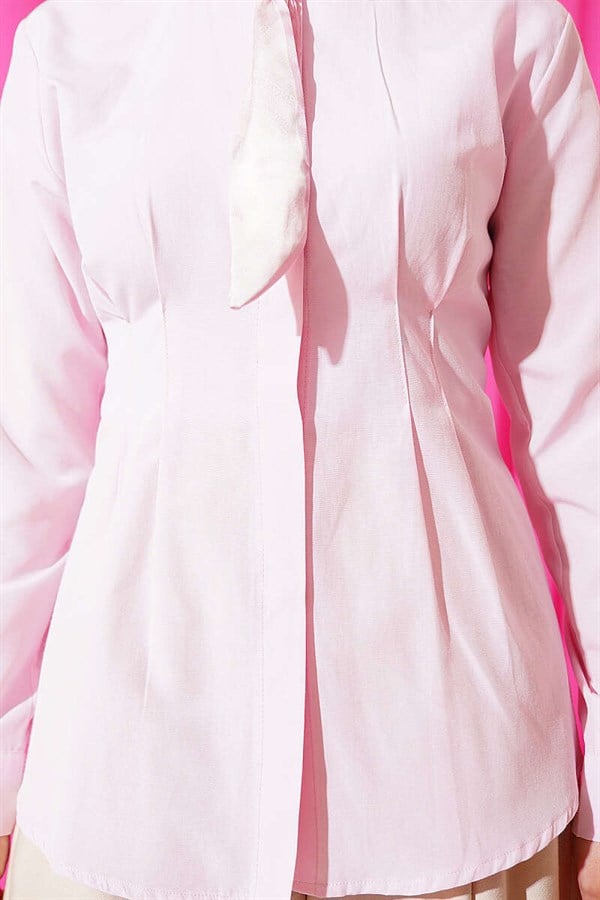 Pink Shirt with Scarf and Waist Darts