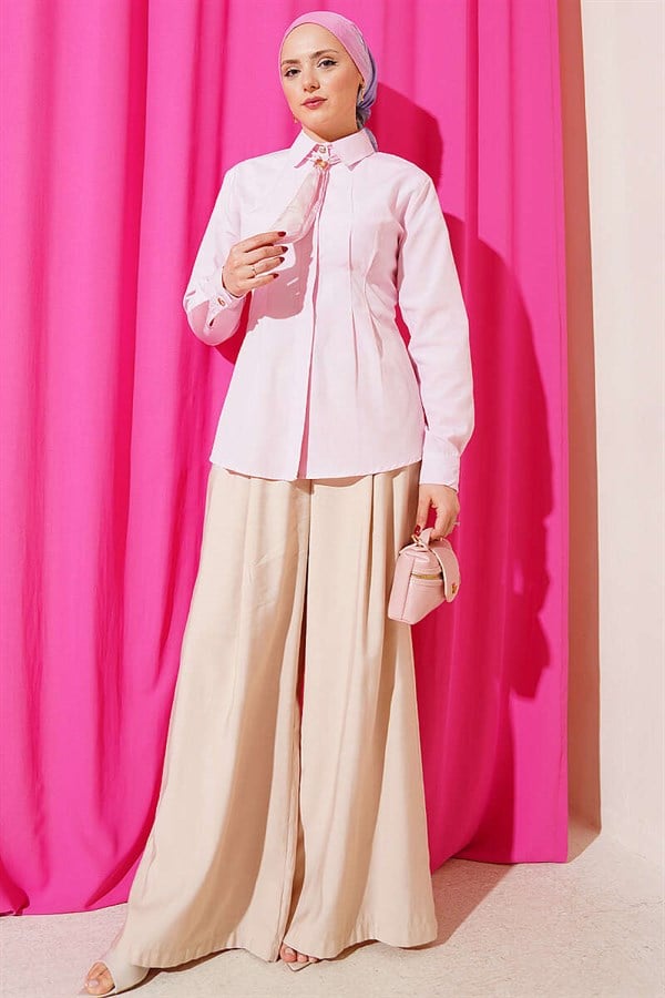 Pink Shirt with Scarf and Waist Darts