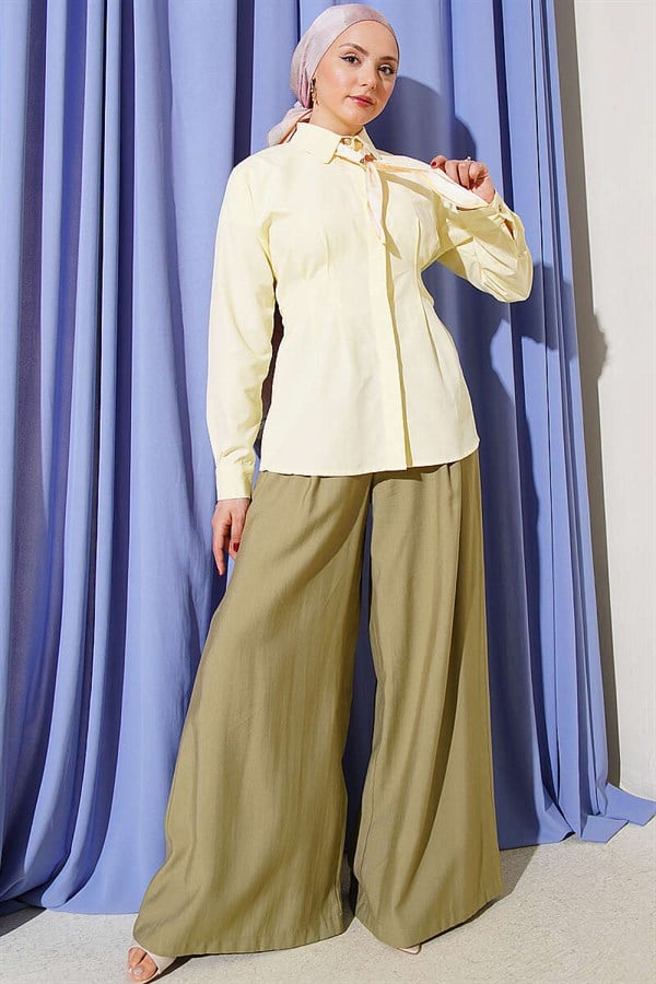Yellow Shirt with Scarf and Waist Darts