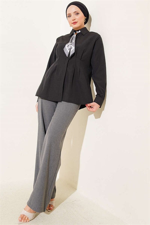 Black Shirt with Scarf and Waist Darts