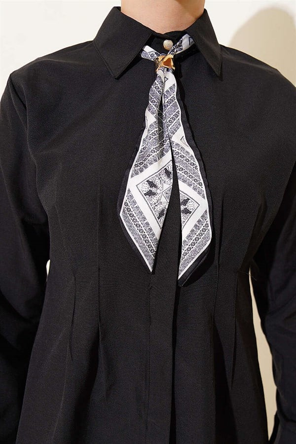 Black Shirt with Scarf and Waist Darts