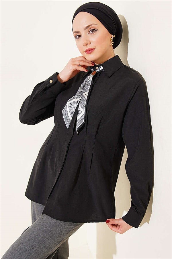 Black Shirt with Scarf and Waist Darts