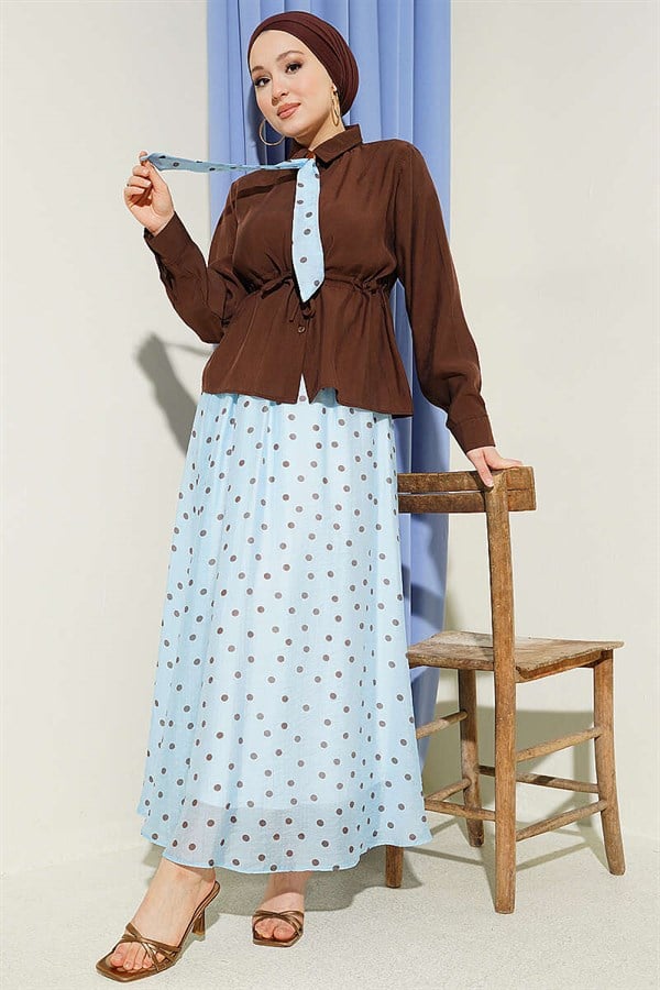 2 Piece Set with scarf, waist tunnel and skirt, blue.