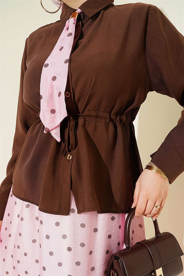 2 Piece Set in pink with scarf and waist tunnel skirt.