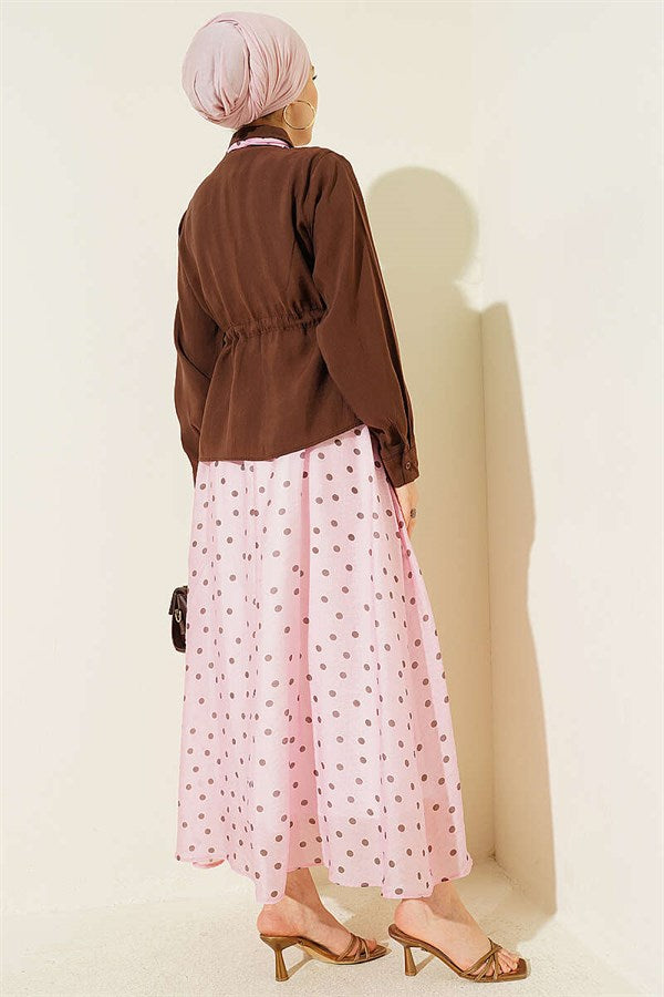 2 Piece Set in pink with scarf and waist tunnel skirt.