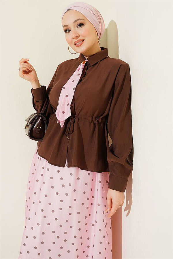 2 Piece Set in pink with scarf and waist tunnel skirt.