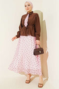 2 Piece Set in pink with scarf and waist tunnel skirt.