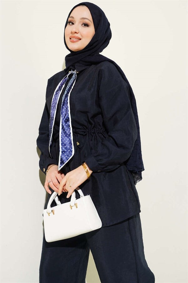 Two-Piece Parachute Set with Scarf and Waist Tunnel, Navy Blue