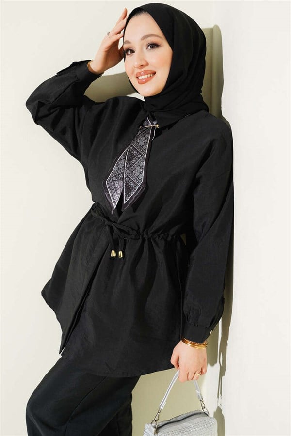 2 Piece Set with Scarf and Waist Tunnel Parachute Jacket, Black