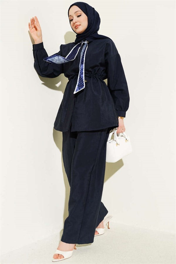 Two-Piece Parachute Set with Scarf and Waist Tunnel, Navy Blue