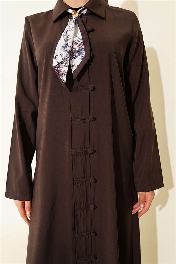 Full-Length Modal Dress with Scarf and Button Closure, Dark Brown