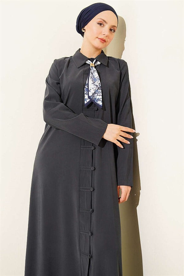 Full-Length Modal Dress with Scarf and British Buttons, Smoke Grey